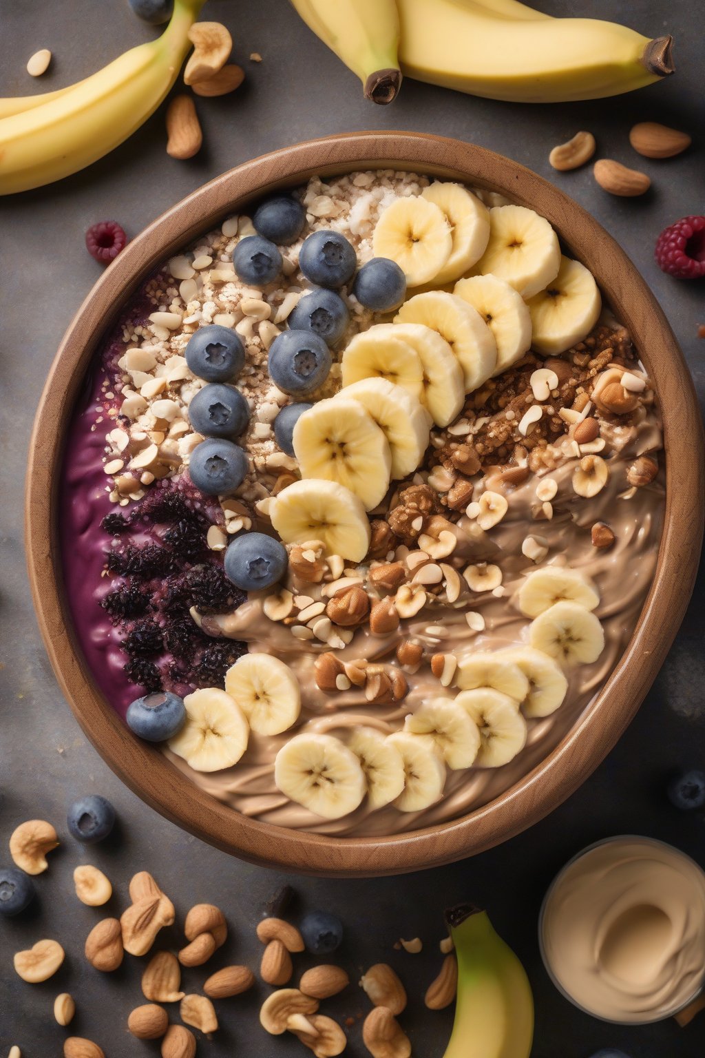 A high-resolution photo of a creamy peanut butter banana acai bowl with nutty toppings under soft lighting.