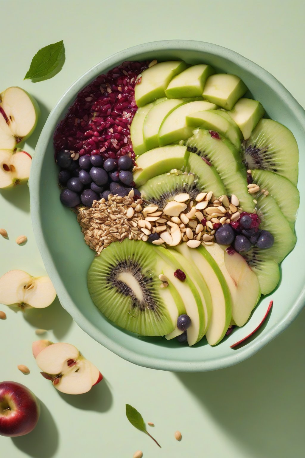 A high-resolution photo of a green-tinged detox acai bowl with apple and seeds under soft lighting.
