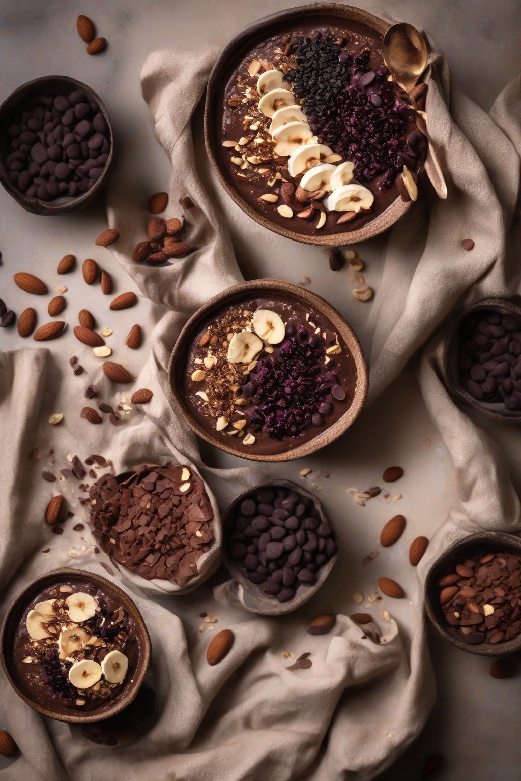 A high-resolution photo of a decadent chocolate almond acai bowl with cacao nibs under soft lighting.