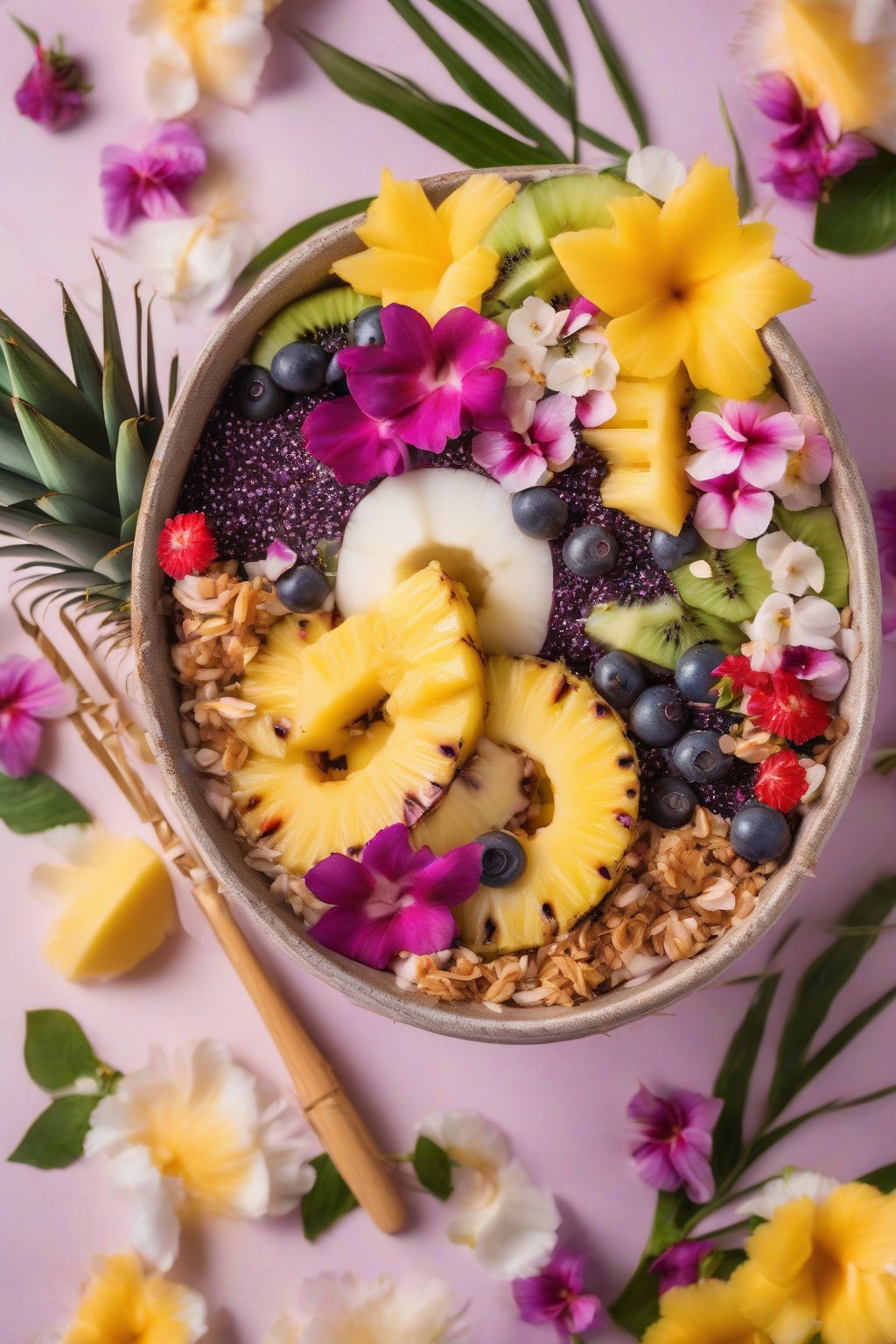 A high-resolution photo of a refreshing coconut pineapple acai bowl with flowers under soft lighting.