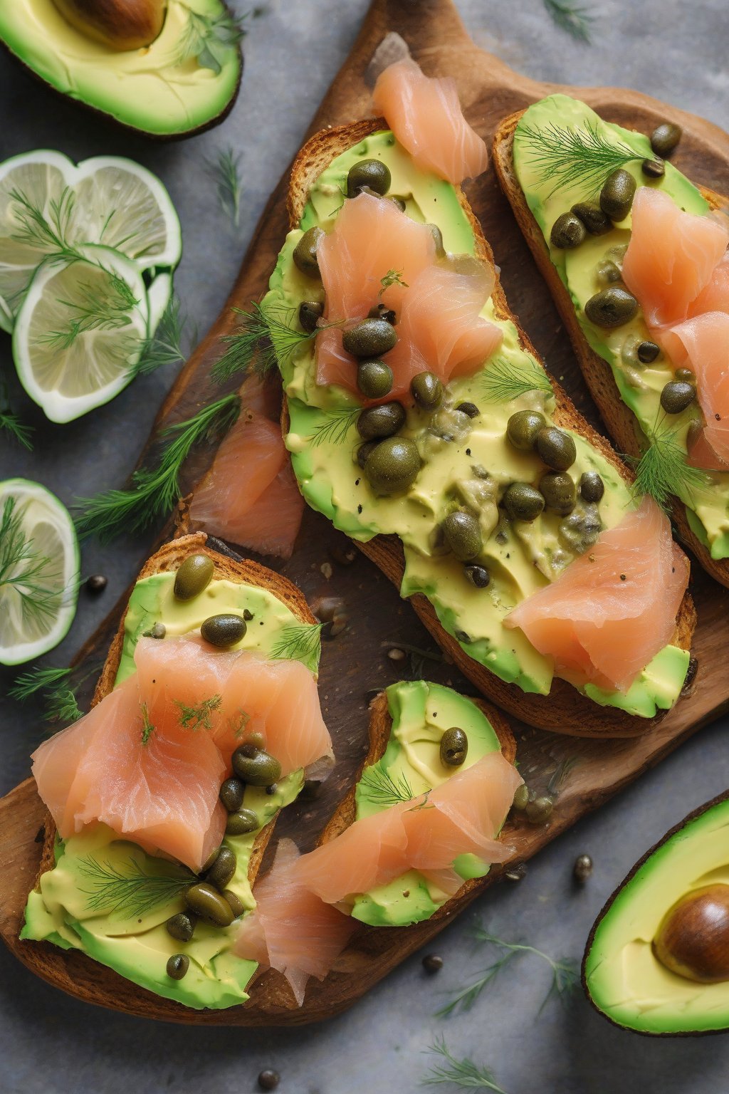 A high-resolution photo of smoked salmon avocado toast topped with dill and capers under soft lighting.