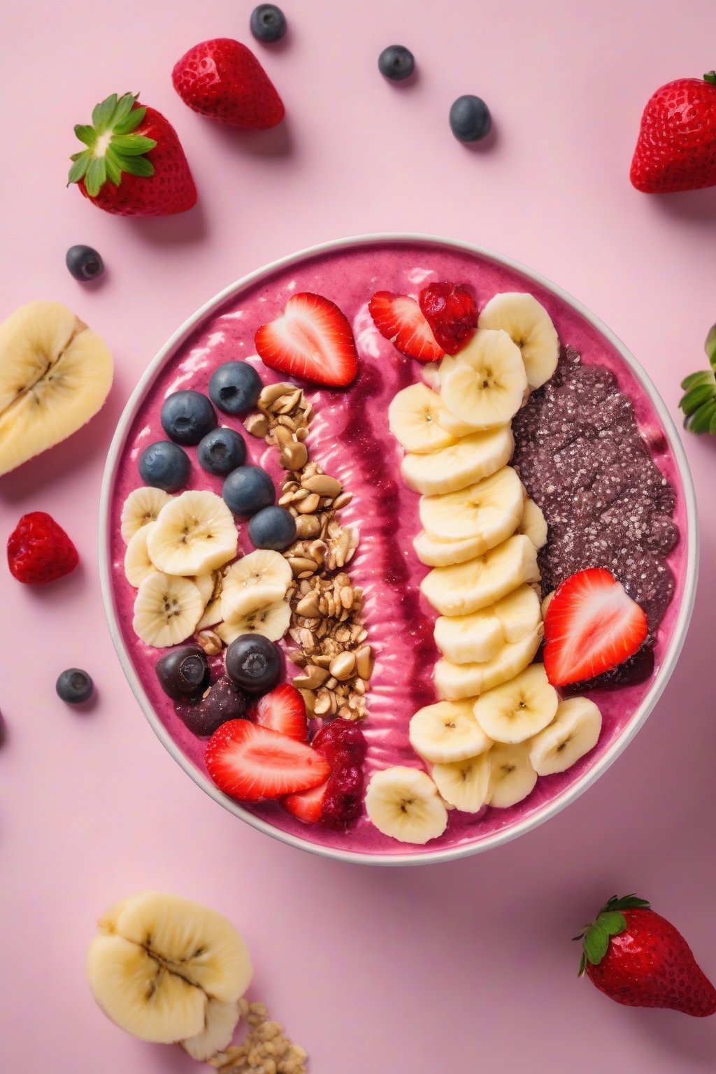 A high-resolution photo of a pink strawberry banana acai bowl with fresh slices under soft lighting.