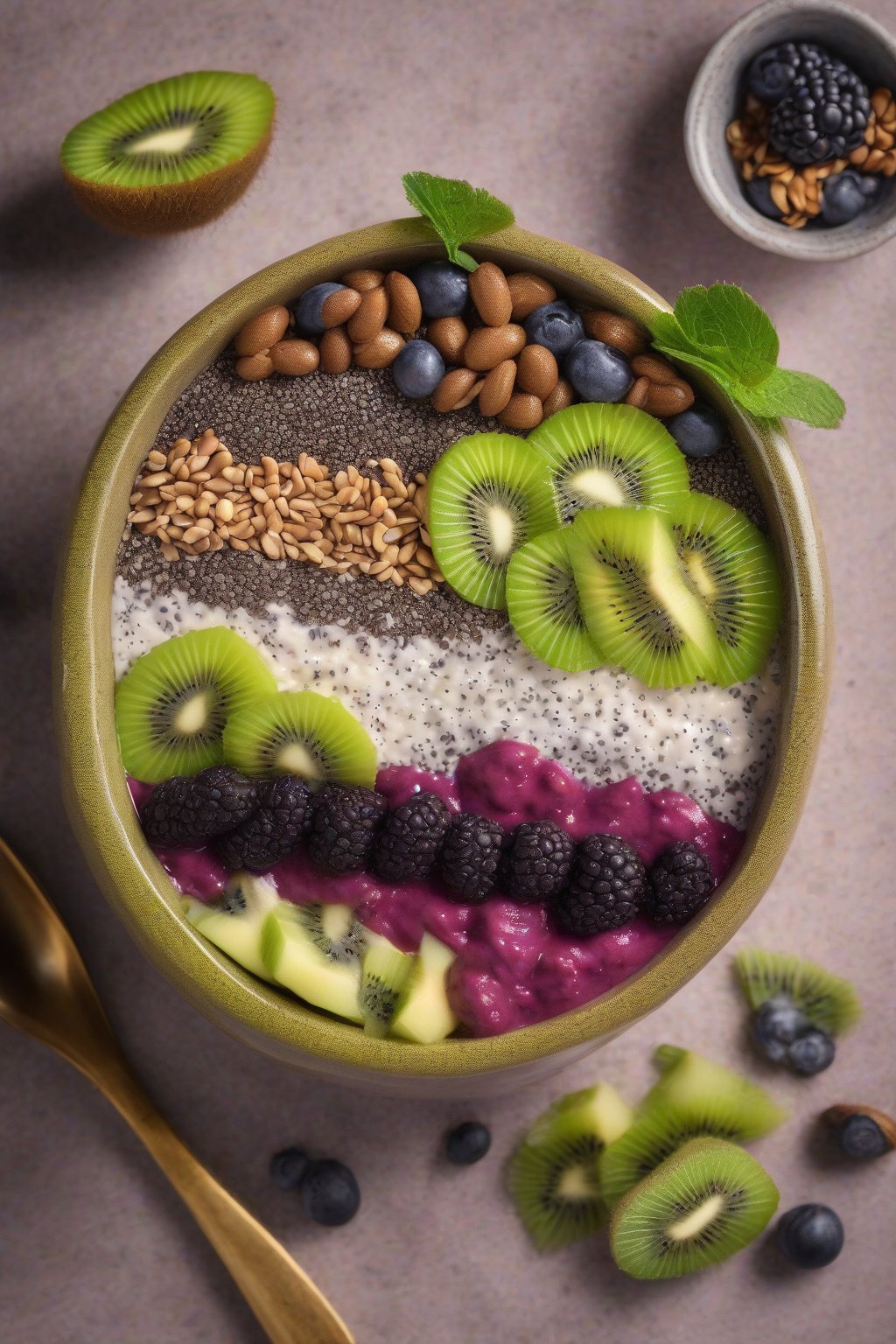 A high-resolution photo of a textured chia seed acai bowl with kiwi accents under soft lighting.