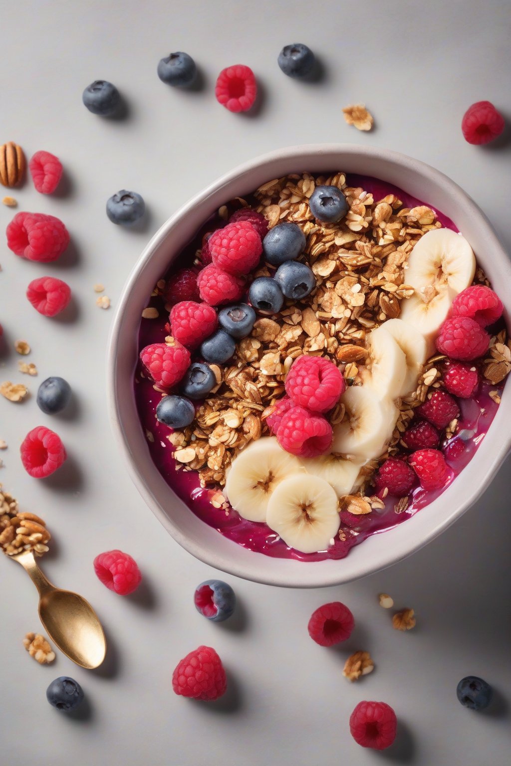 A high-resolution photo of a crunchy nutty granola acai bowl with raspberries under soft lighting.