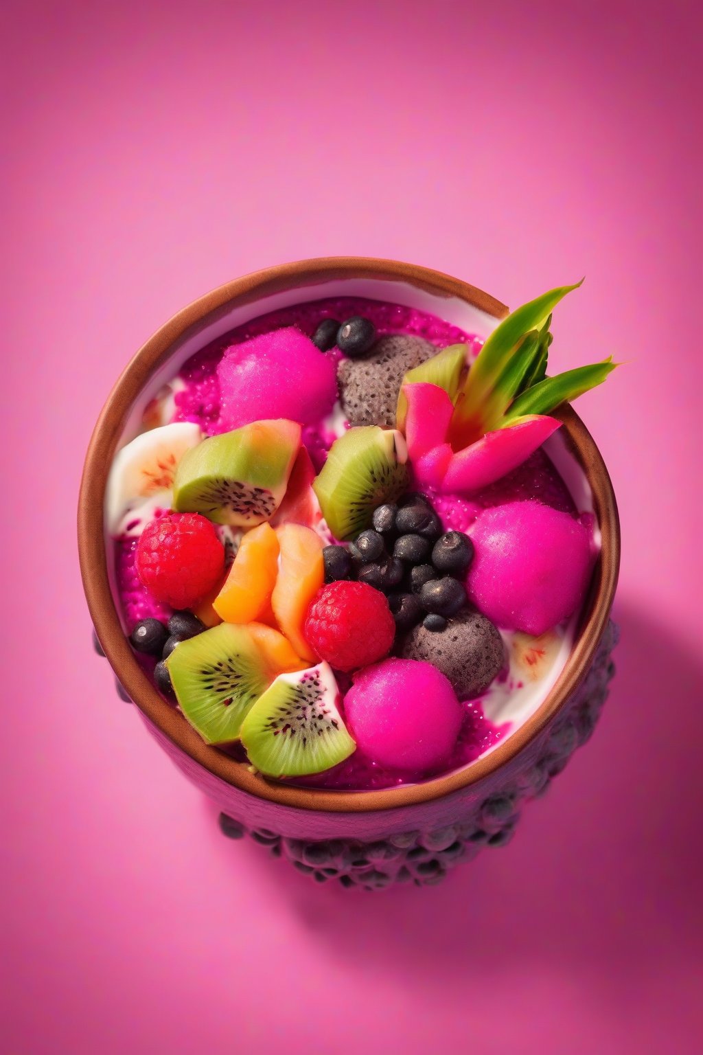 A high-resolution photo of an exotic pink dragon fruit acai bowl with fruit balls under soft lighting.
