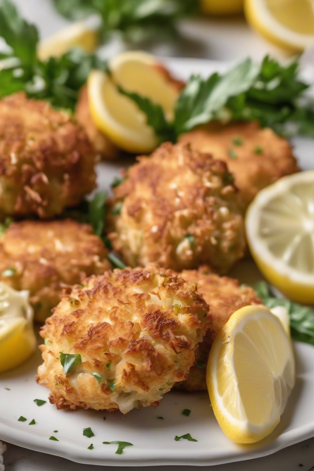 A close-up photo of golden fried classic Maryland lump crab cakes on a white plate, garnished with lemon wedges, under soft lighting.