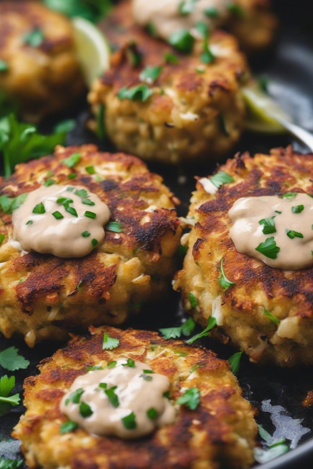 A close-up photo of spicy Cajun lump crab cakes with charred edges and remoulade drizzle, under soft lighting.