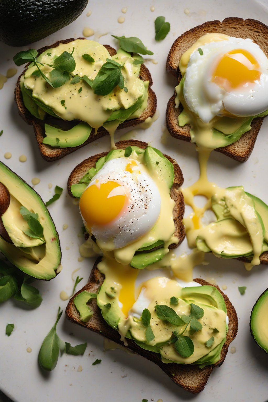 A high-resolution photo of poached egg avocado toast with hollandaise drizzle under soft lighting.
