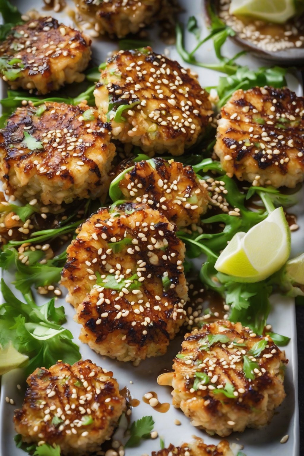 A close-up photo of Asian-inspired lump crab cakes with sesame seeds and soy glaze, under soft lighting.