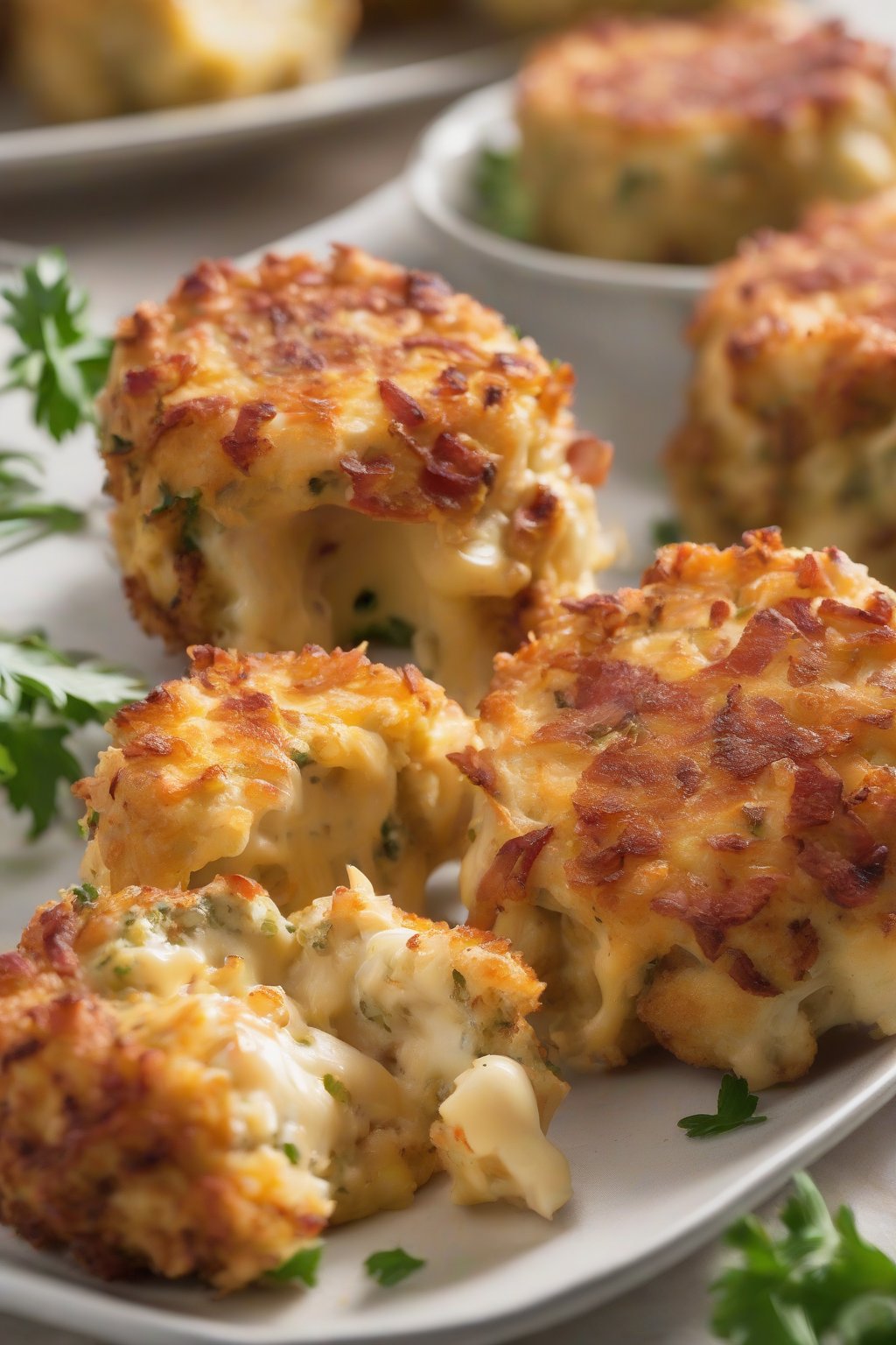 A close-up photo of cheesy bacon lump crab cakes oozing cheese, under soft lighting.