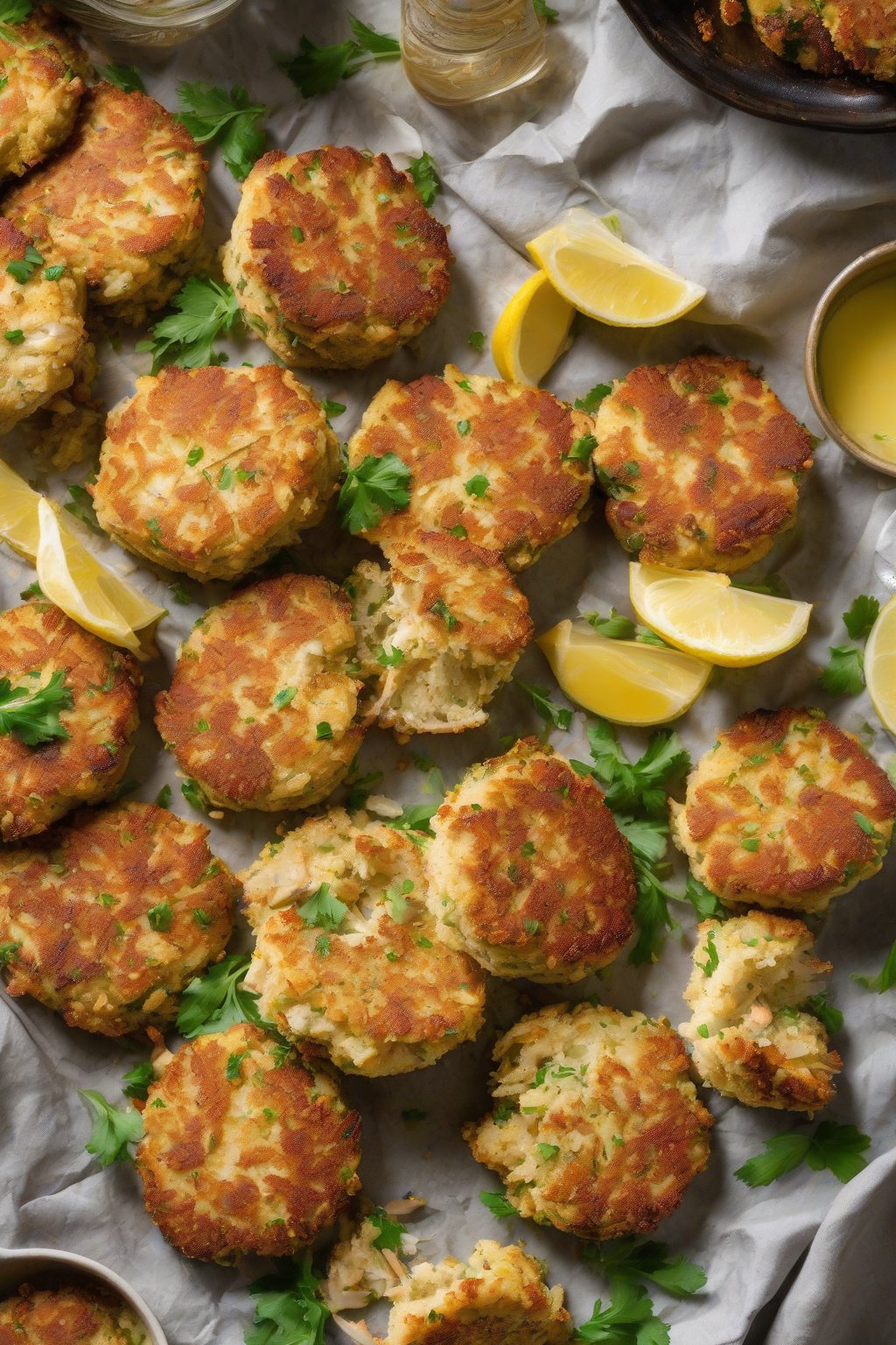 A close-up photo of golden gluten-free almond flour lump crab cakes, under soft lighting.