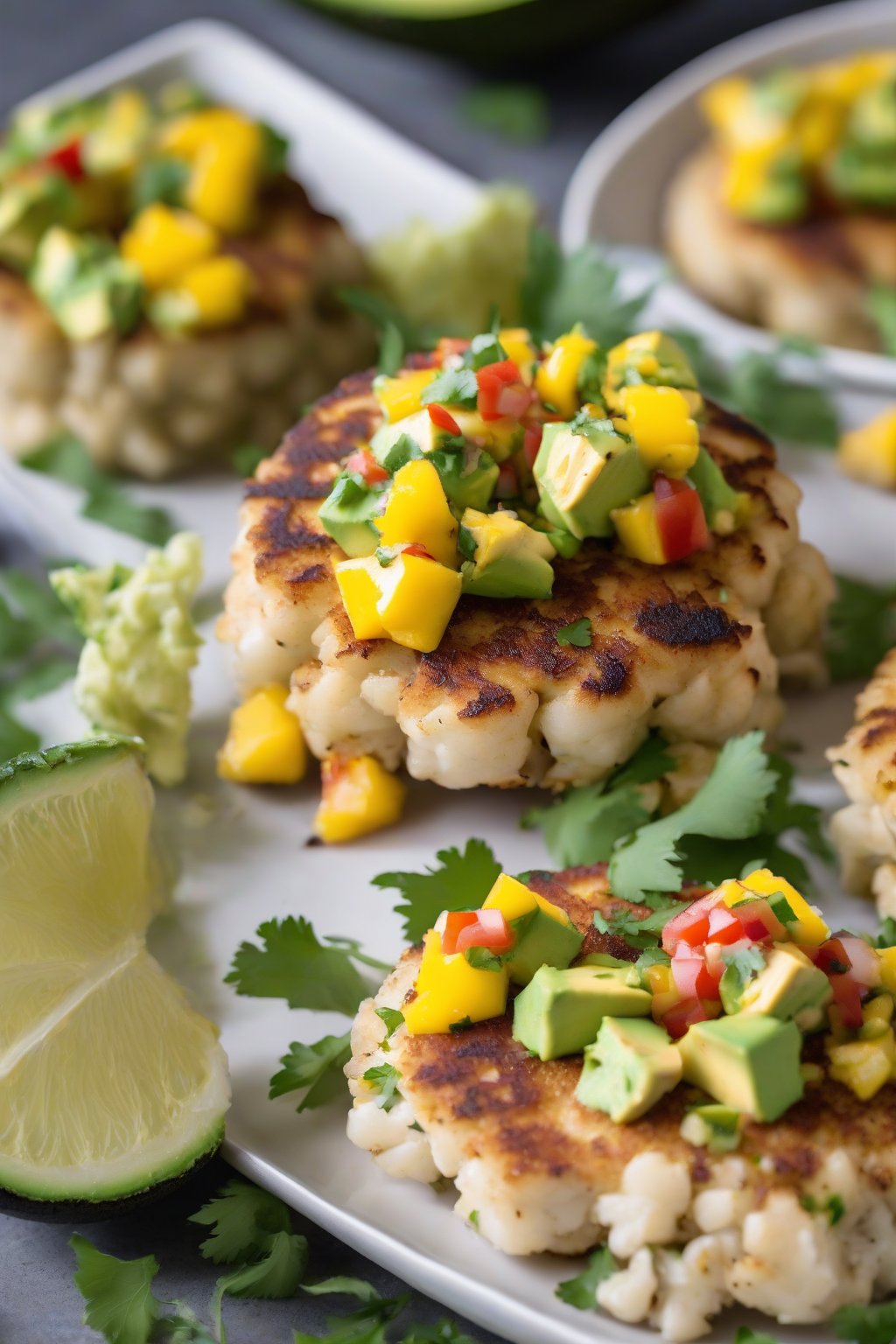 A close-up photo of lump crab cakes topped with avocado mango salsa, under soft lighting.