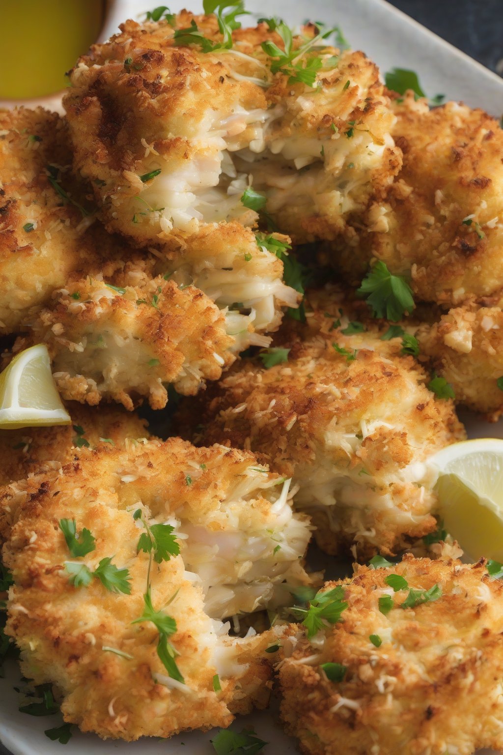 A close-up photo of oversized panko-crusted jumbo lump crab cakes, under soft lighting.