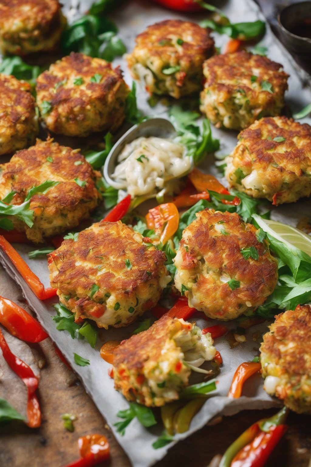 A close-up photo of veggie-packed bell pepper onion lump crab cakes, under soft lighting.