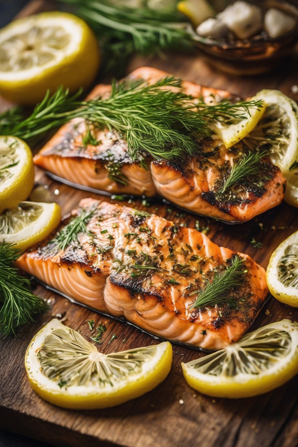 A high-resolution photo of grilled lemon garlic salmon fillets garnished with dill on a wooden plank under soft lighting.