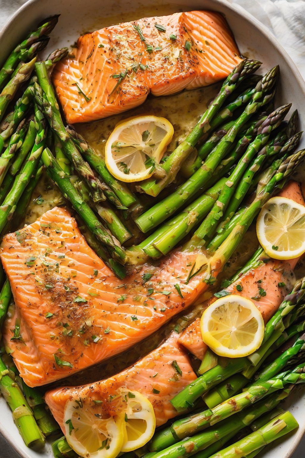 A high-resolution photo of baked salmon with vibrant asparagus spears under soft lighting.