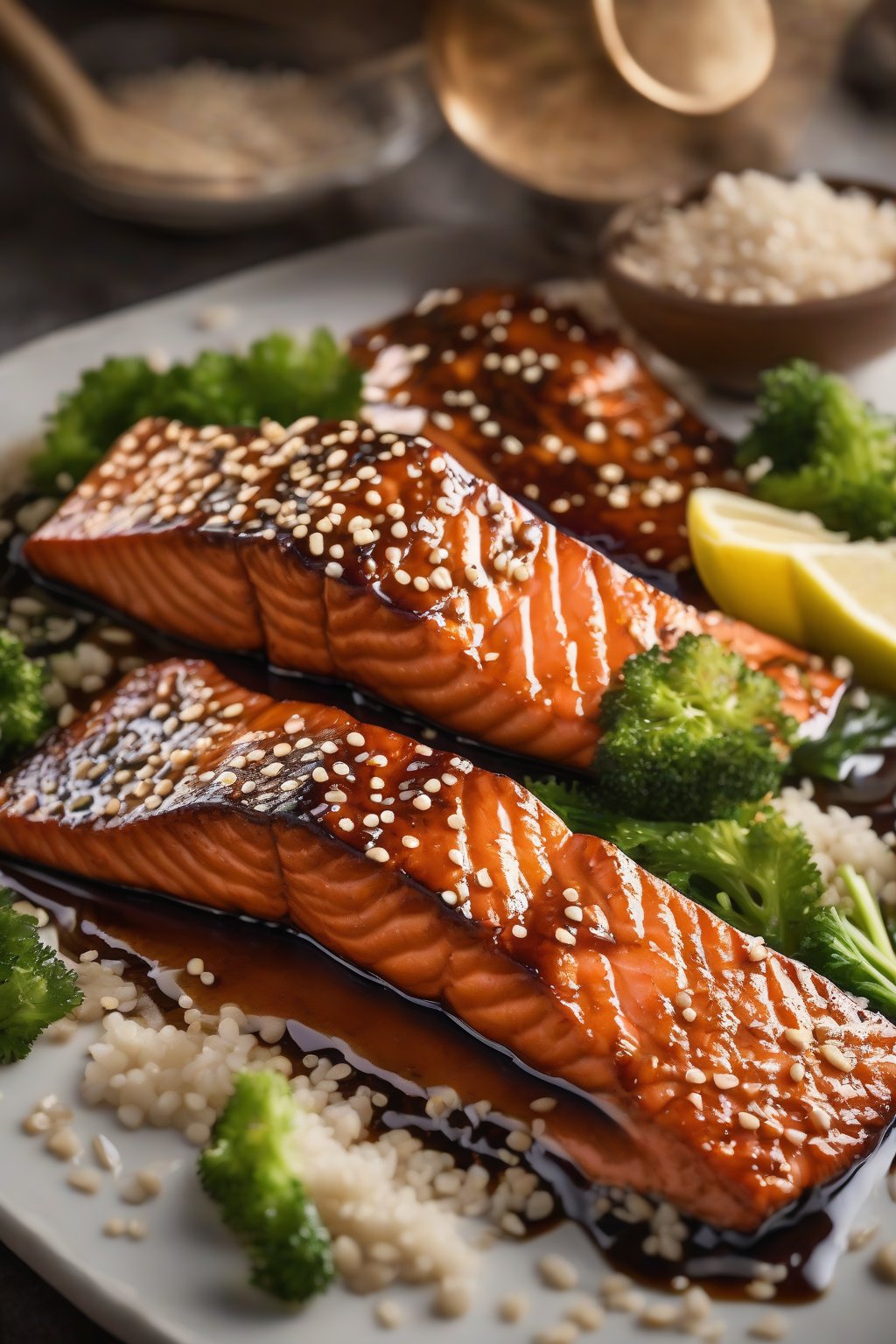 A high-resolution photo of glossy teriyaki salmon with sesame seeds under soft lighting.