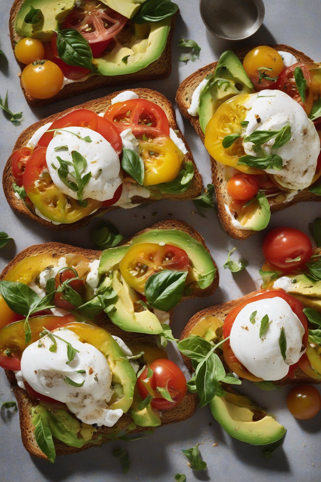 A high-resolution photo of heirloom tomato and burrata avocado toast under soft lighting.
