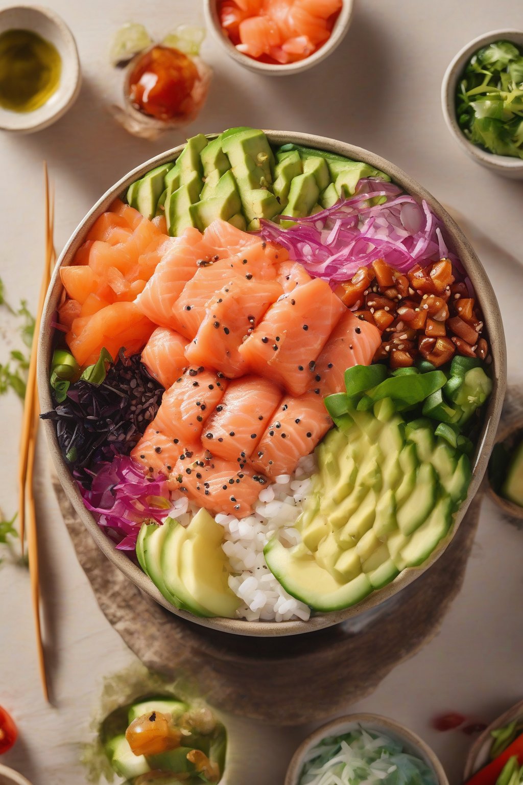 A high-resolution photo of colorful salmon poke bowl with fresh toppings under soft lighting.
