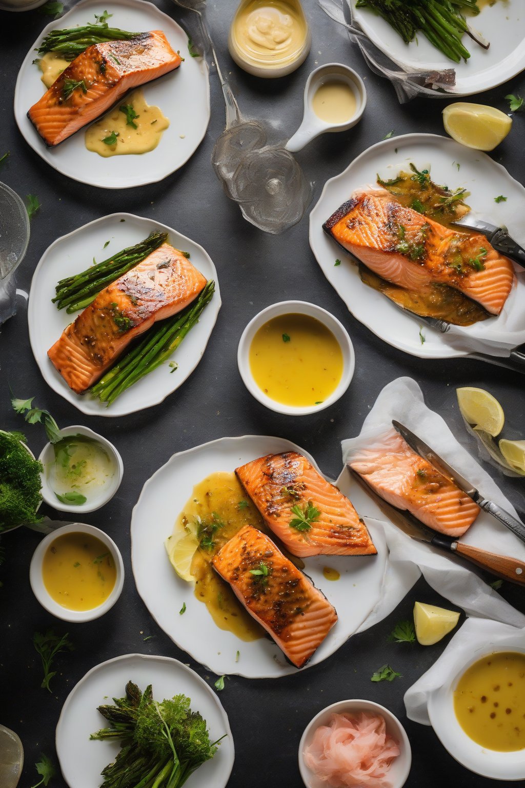 A high-resolution photo of honey mustard glazed salmon on a white plate under soft lighting.