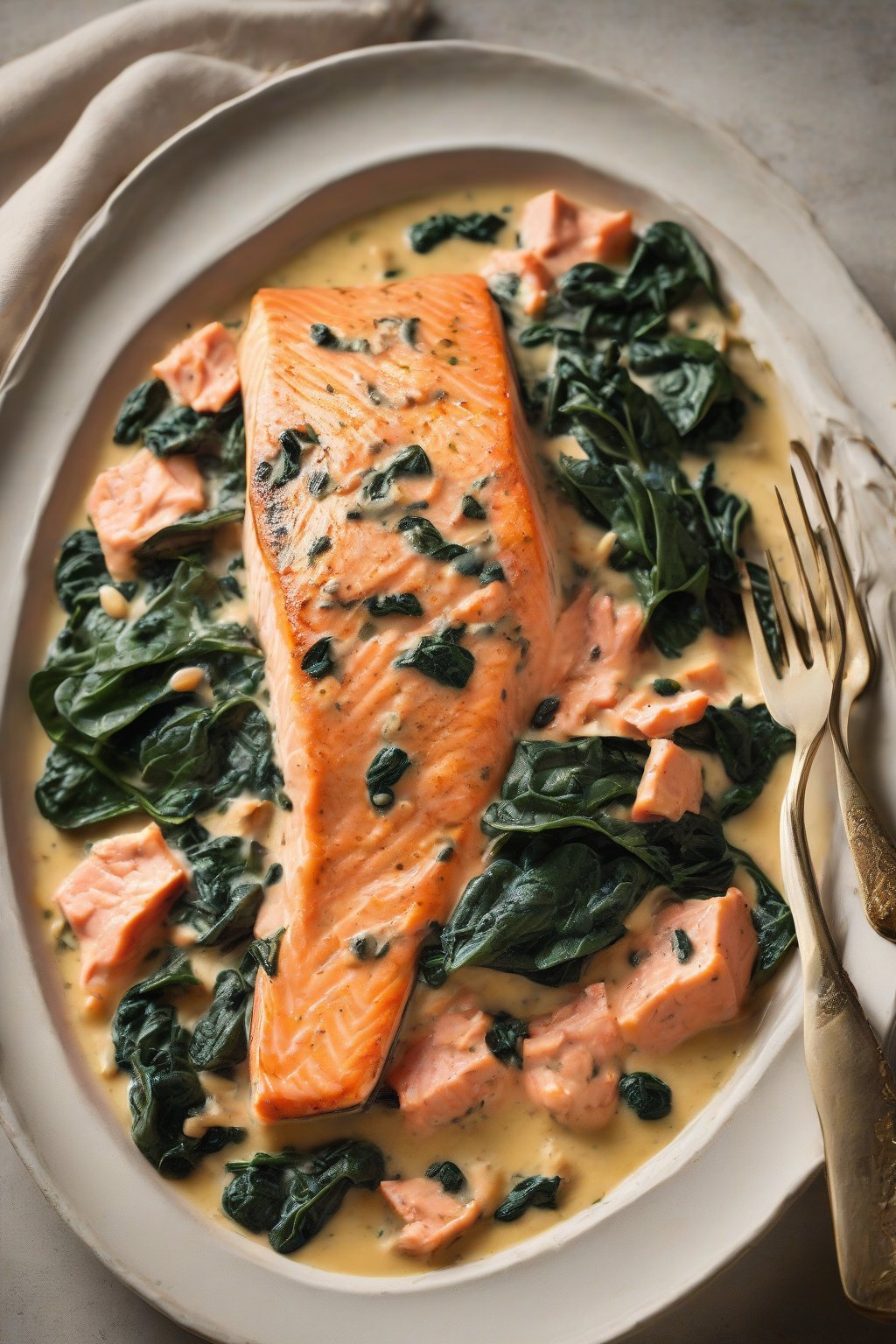 A high-resolution photo of creamy Tuscan salmon with wilted spinach under soft lighting.