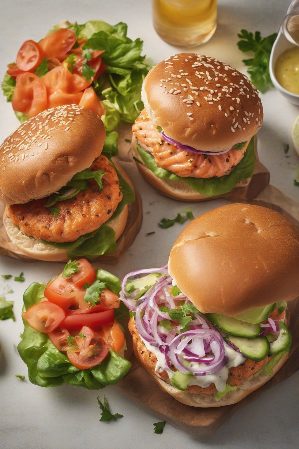A high-resolution photo of juicy salmon burgers on buns with toppings under soft lighting.