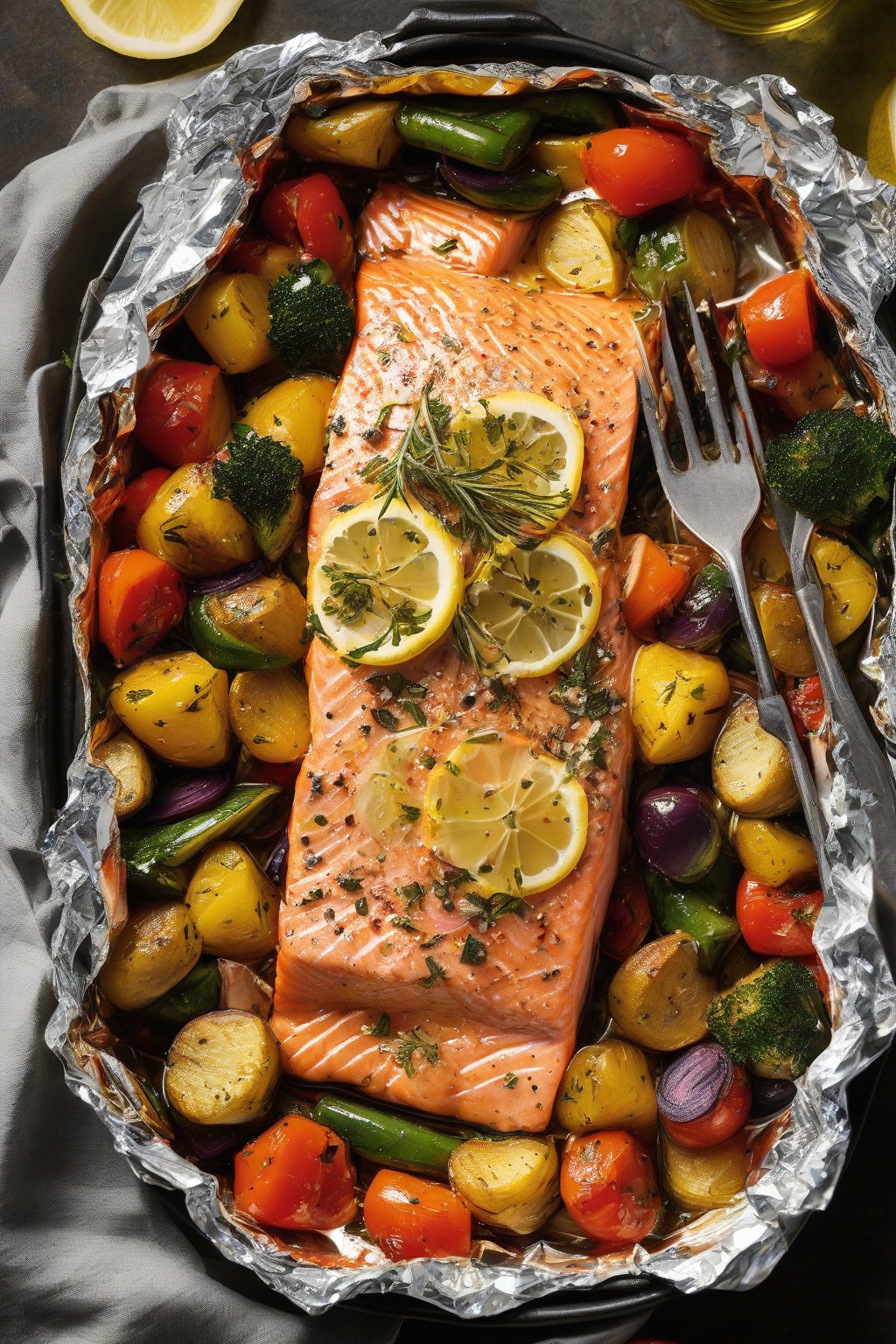 A high-resolution photo of foil-packet salmon with Mediterranean veggies under soft lighting.