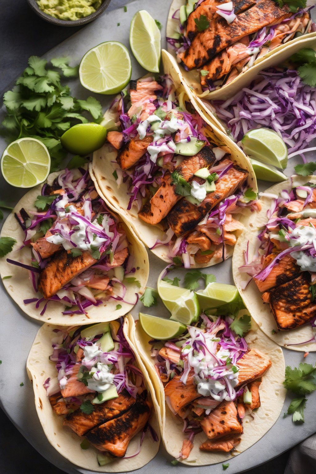 A high-resolution photo of blackened salmon tacos with fresh slaw under soft lighting.