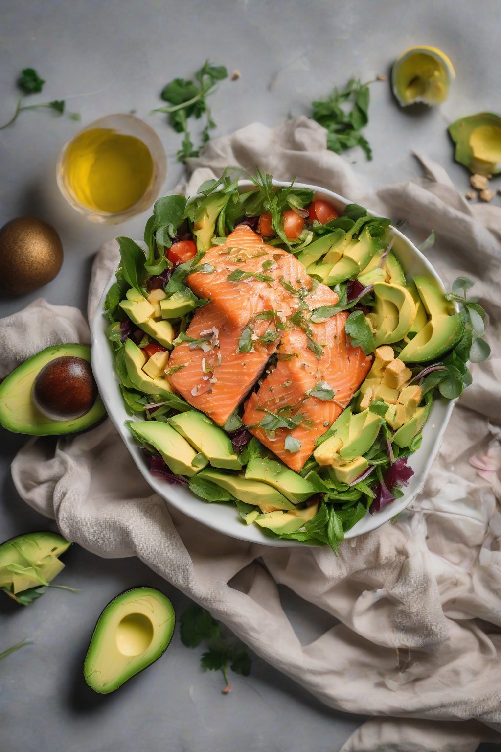 A high-resolution photo of vibrant salmon avocado salad in a bowl under soft lighting.