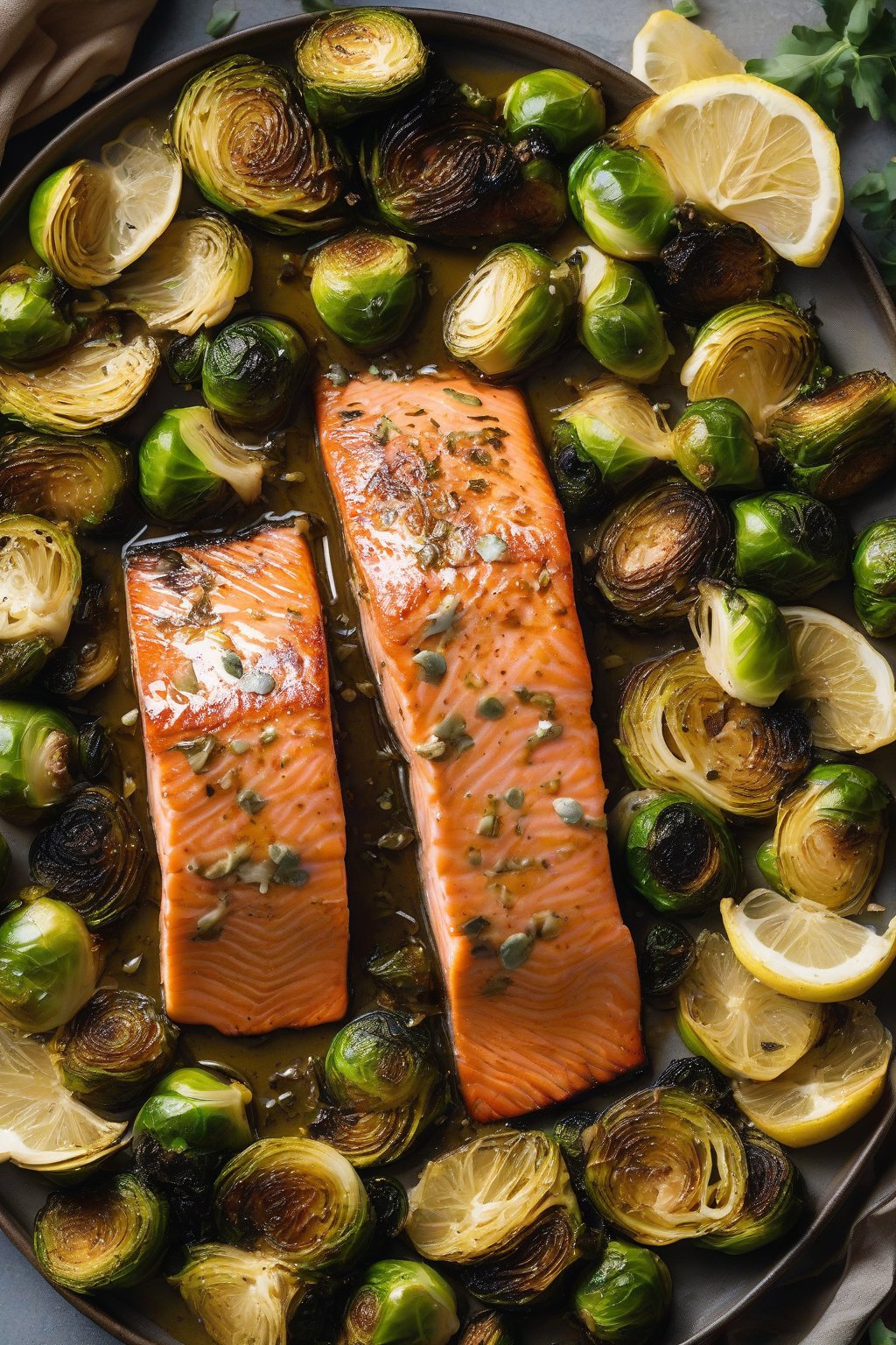A high-resolution photo of maple Dijon salmon with roasted Brussels sprouts under soft lighting.