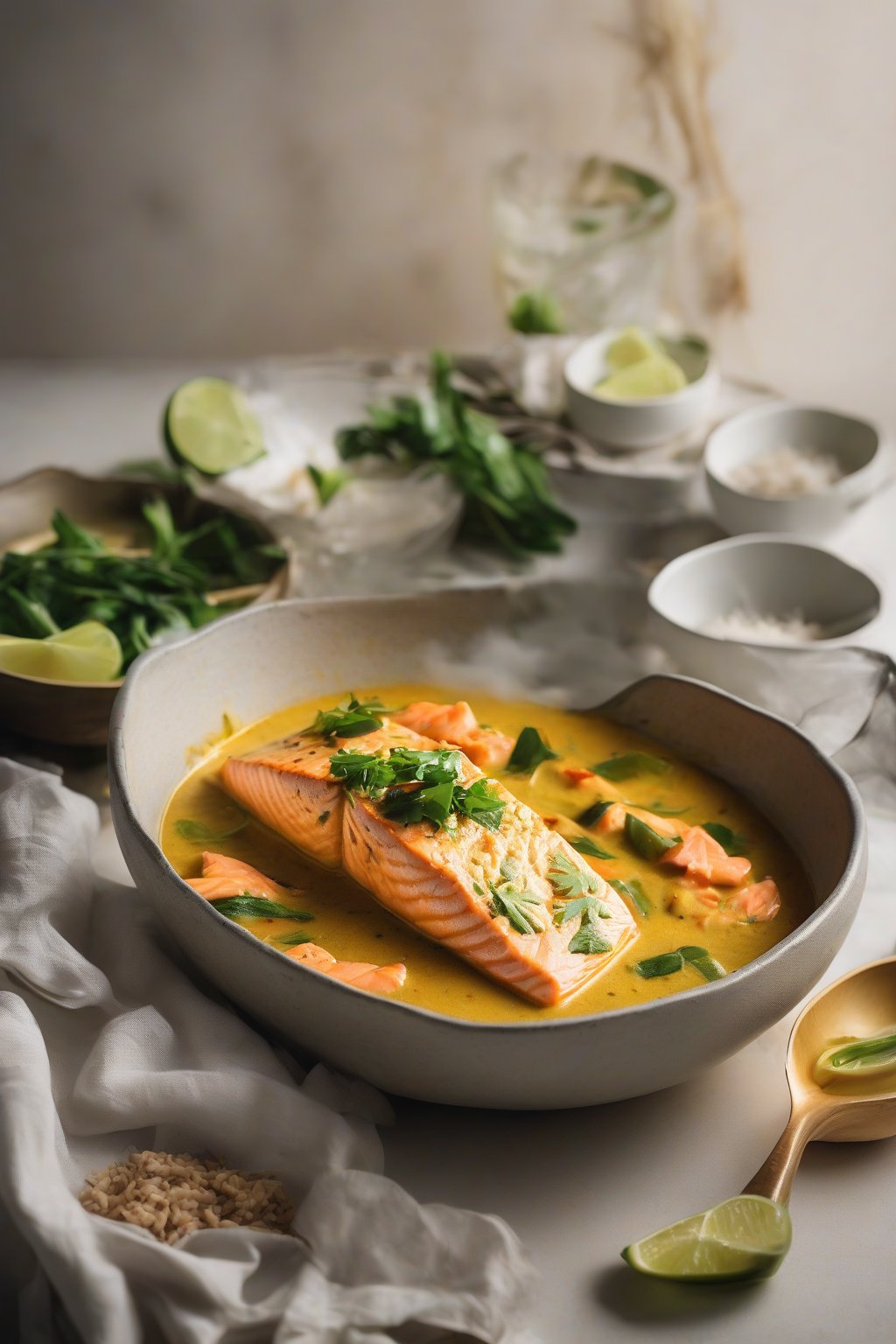 A high-resolution photo of coconut curry salmon in a steaming bowl under soft lighting.
