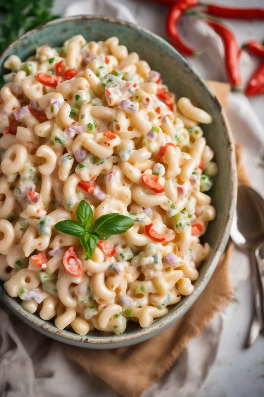 A high-resolution photo of a vibrant bowl of classic creamy macaroni salad topped with paprika, under soft lighting.