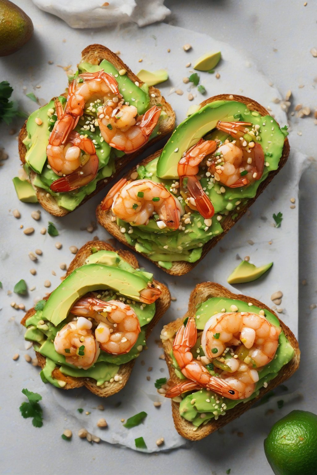 A high-resolution photo of sriracha shrimp avocado toast with sesame seeds under soft lighting.