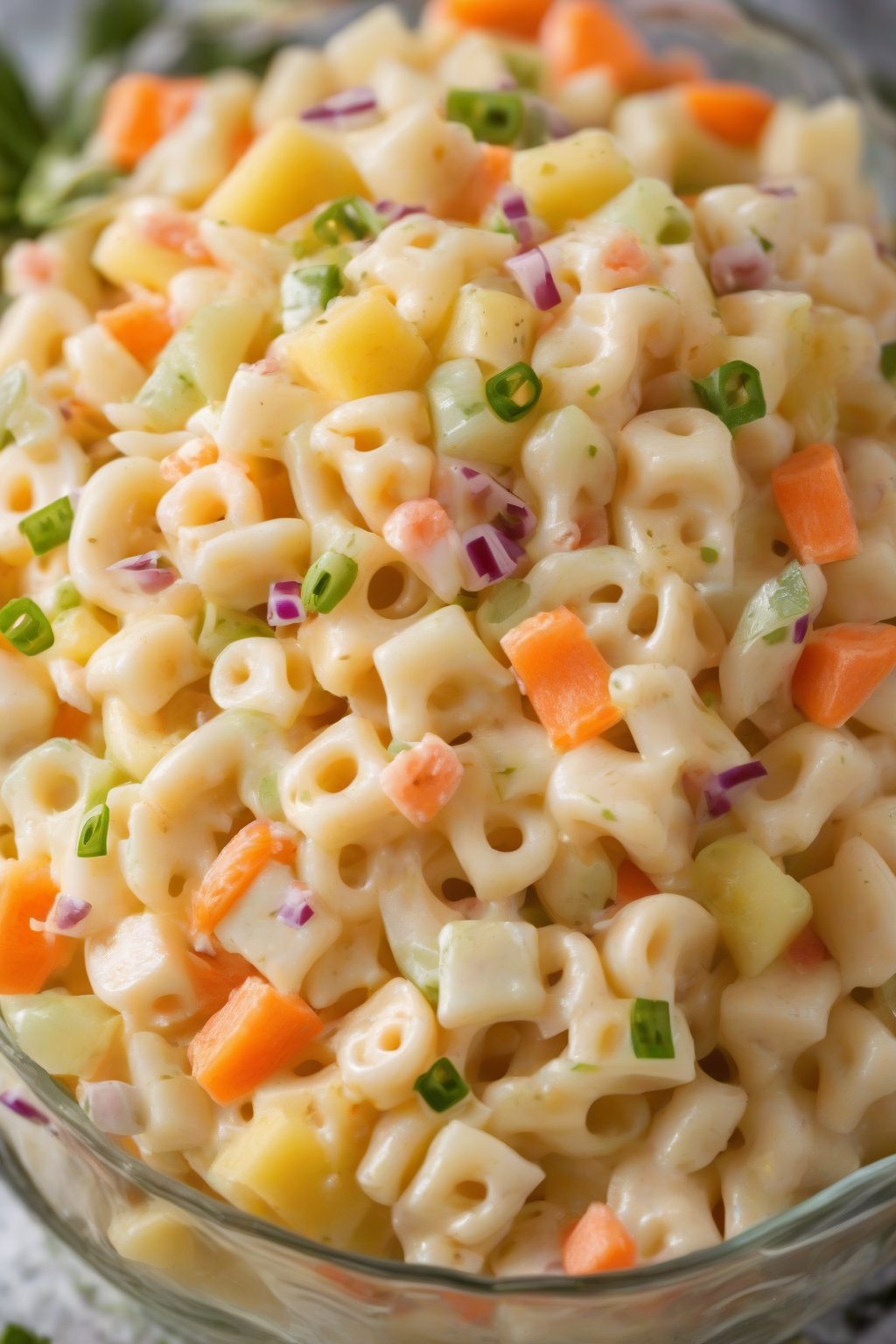 A high-resolution photo of Hawaiian macaroni salad with pineapple chunks and carrot flecks, under soft lighting.