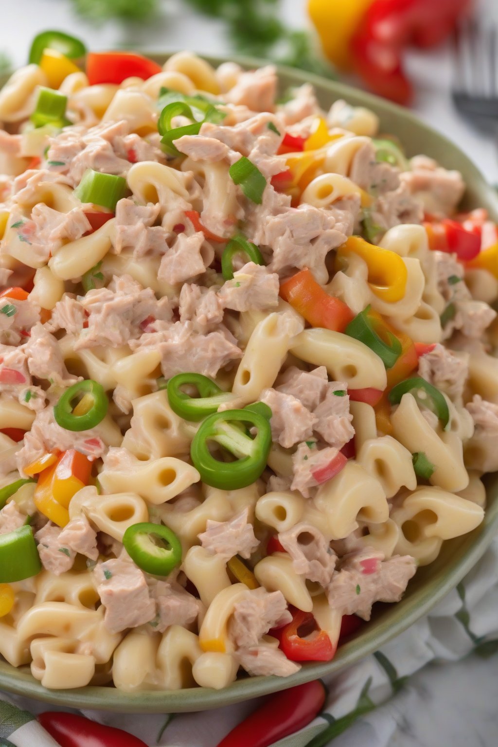 A high-resolution photo of tuna macaroni salad garnished with bell peppers, under soft lighting.