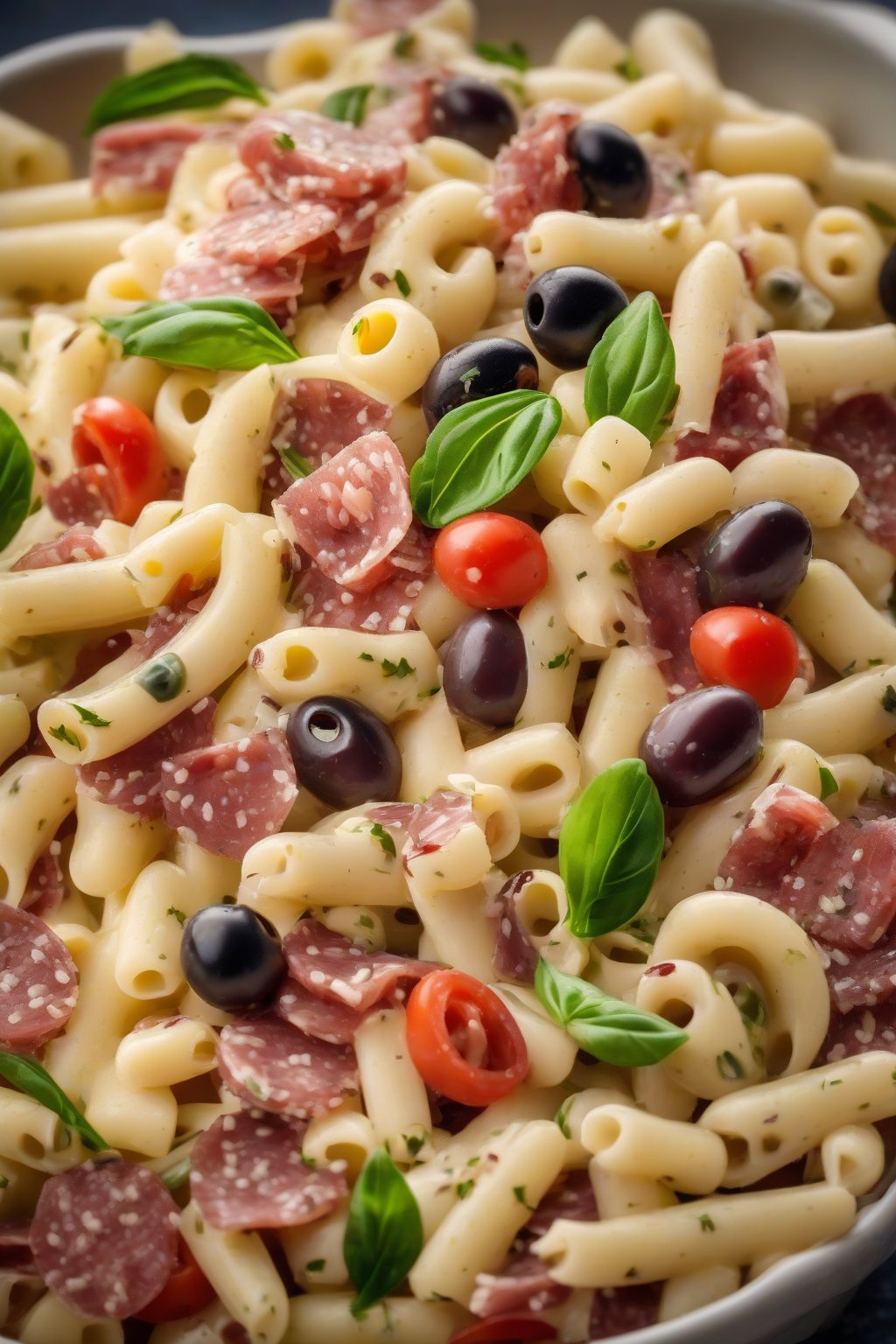A high-resolution photo of Italian macaroni salad with salami and olives, under soft lighting.
