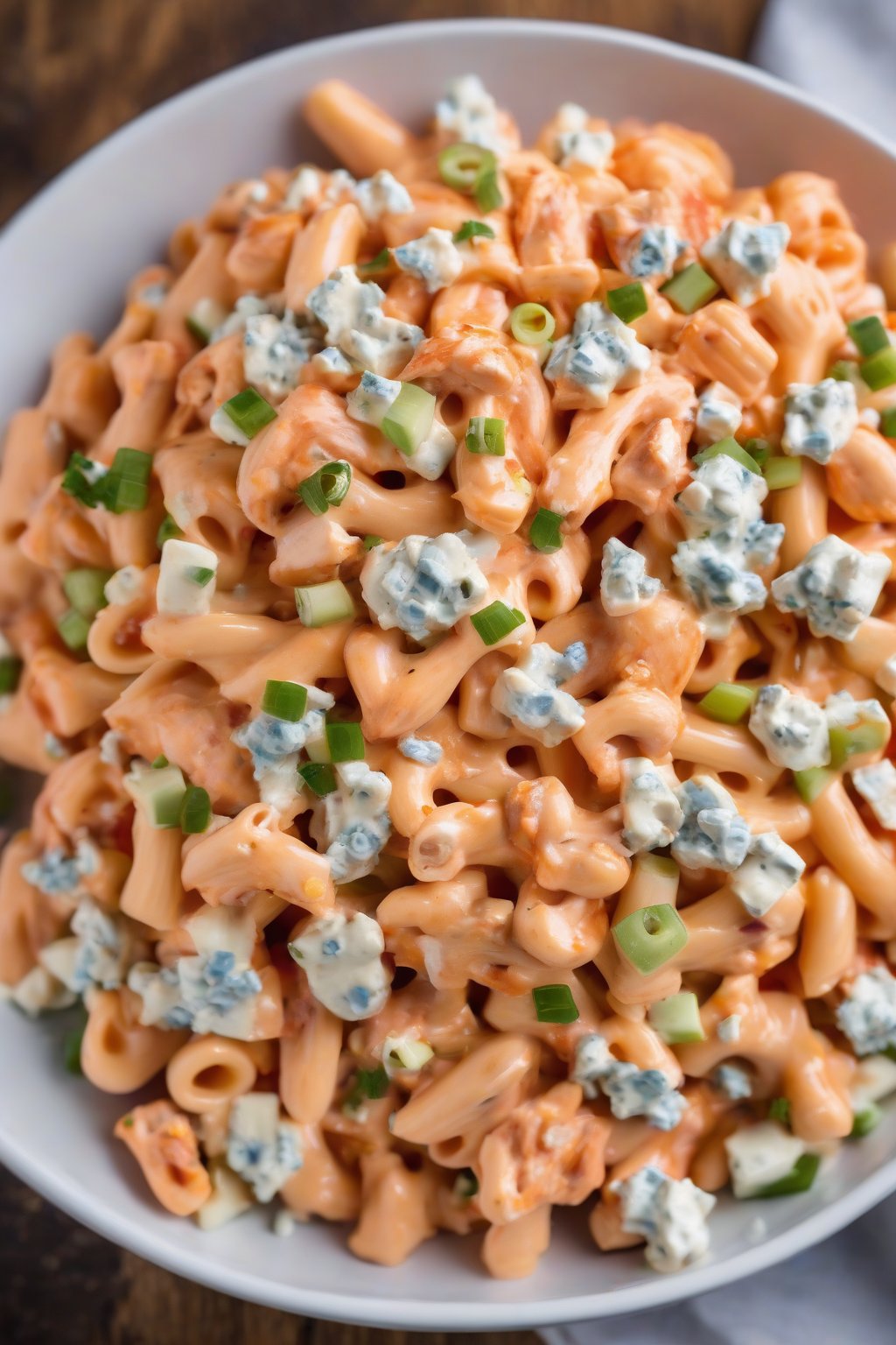 A high-resolution photo of buffalo chicken macaroni salad topped with blue cheese, under soft lighting.