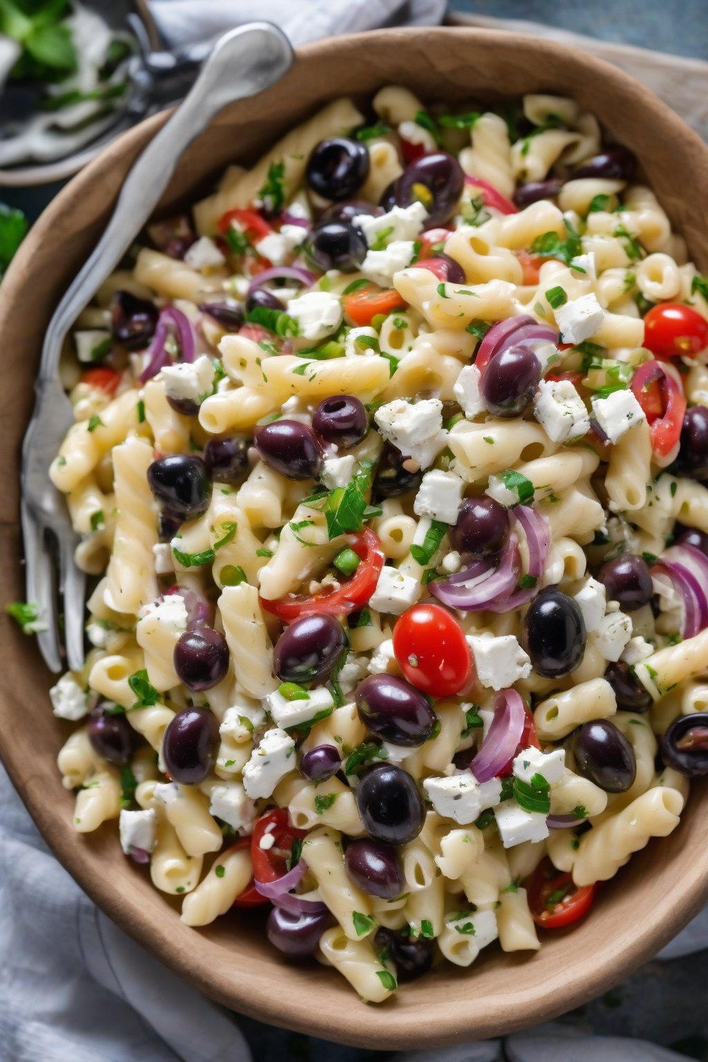 A high-resolution photo of Greek macaroni salad with feta and olives, under soft lighting.
