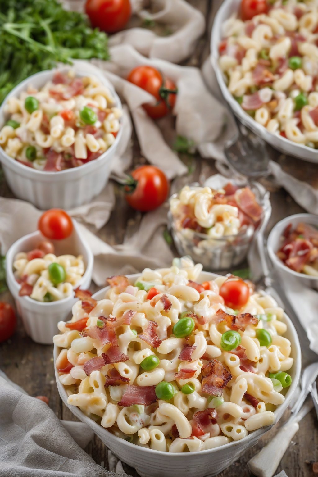 A high-resolution photo of BLT macaroni salad with bacon bits and tomatoes, under soft lighting.