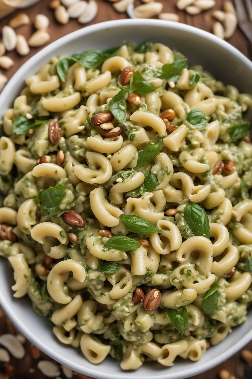 A high-resolution photo of pesto macaroni salad scattered with pine nuts, under soft lighting.