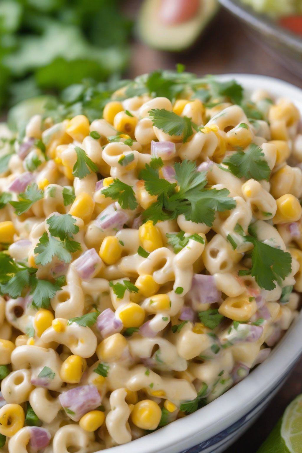 A high-resolution photo of Southwestern macaroni salad with corn and cilantro, under soft lighting.