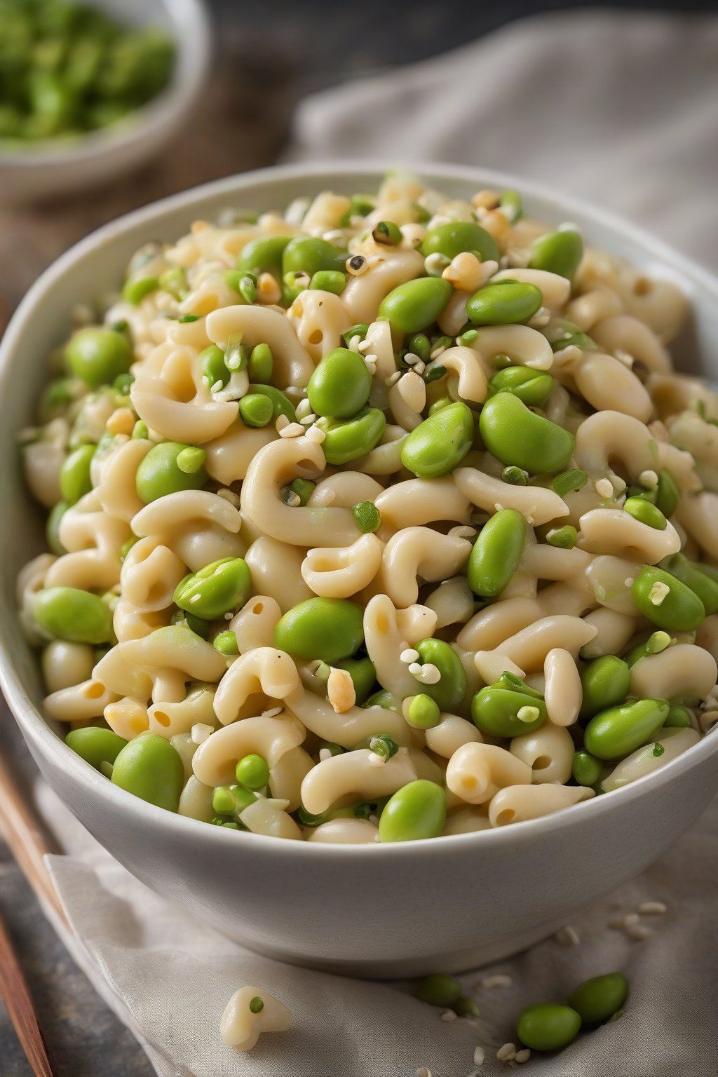 A high-resolution photo of Asian-inspired macaroni salad with edamame and sesame seeds, under soft lighting.