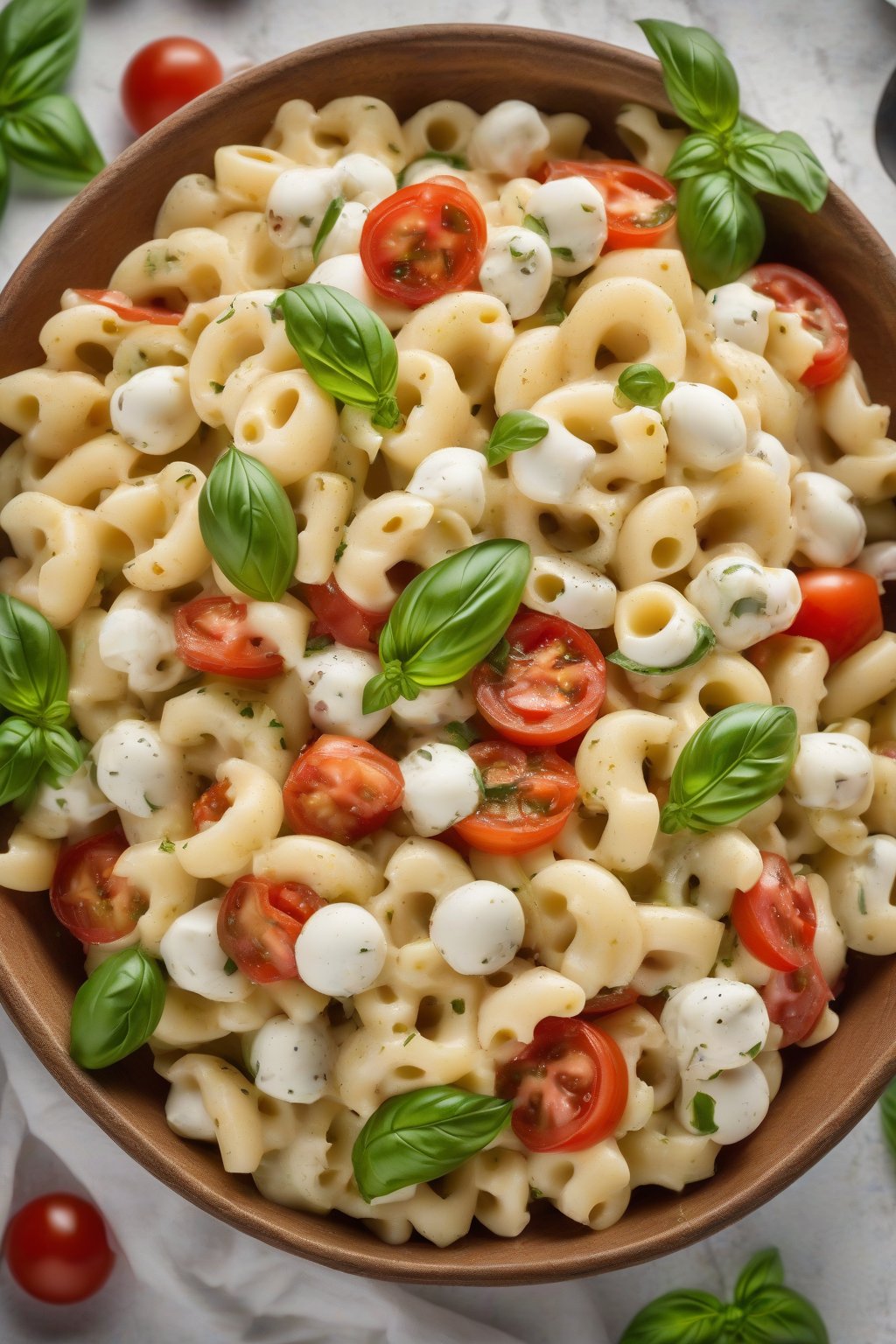 A high-resolution photo of Caprese macaroni salad with mozzarella and basil, under soft lighting.