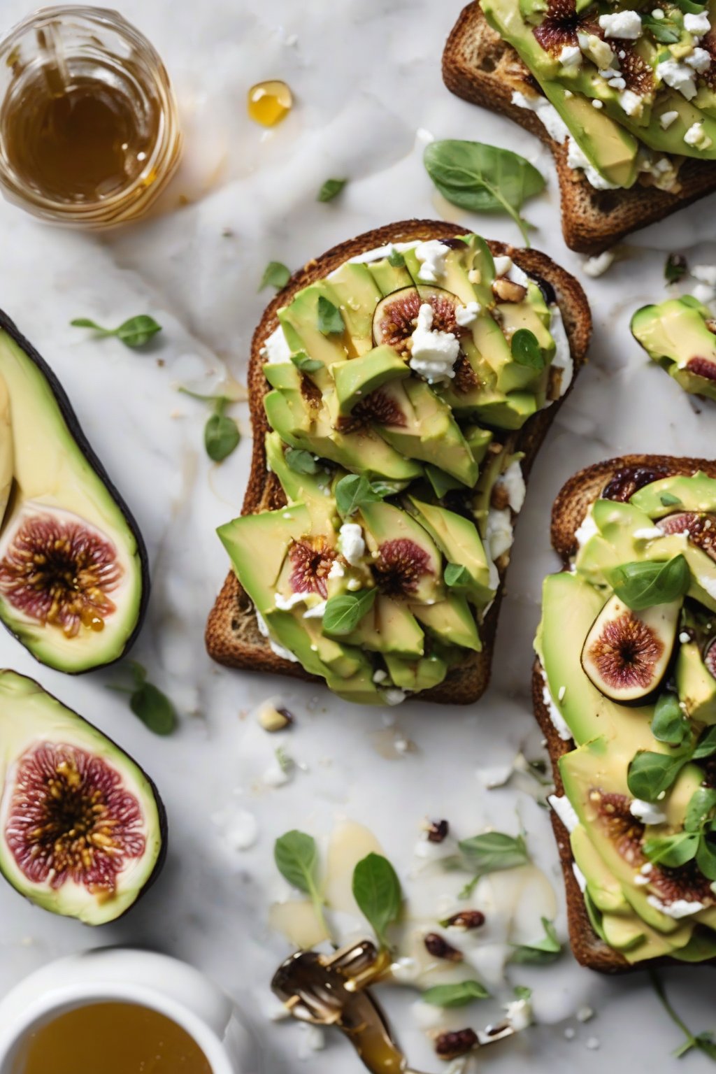 A high-resolution photo of fig and goat cheese avocado toast with honey drizzle under soft lighting.