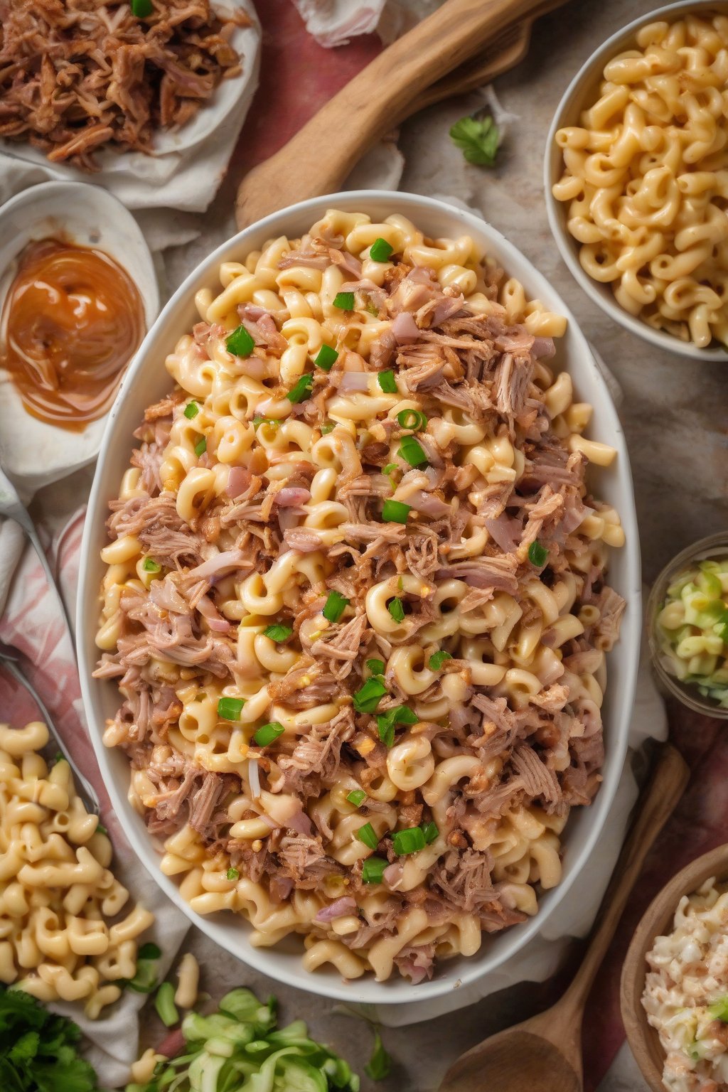 A high-resolution photo of BBQ macaroni salad with pulled pork shreds, under soft lighting.