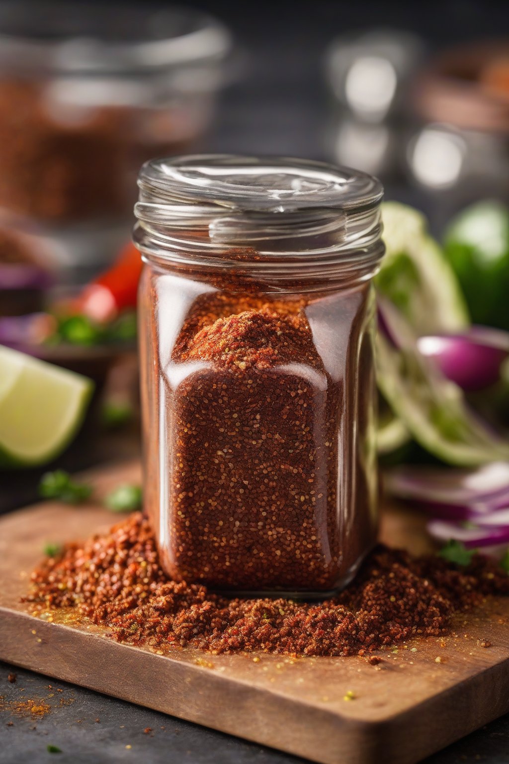 A high-resolution photo of a small glass jar filled with classic taco seasoning blend, sprinkled over fresh ground beef tacos on a wooden board, under soft lighting.