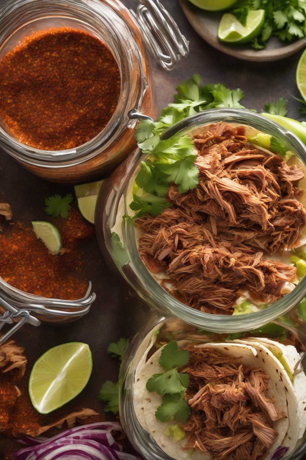 A high-resolution photo of smoky chipotle taco seasoning jar, garnishing pulled pork tacos with cilantro, under soft lighting.