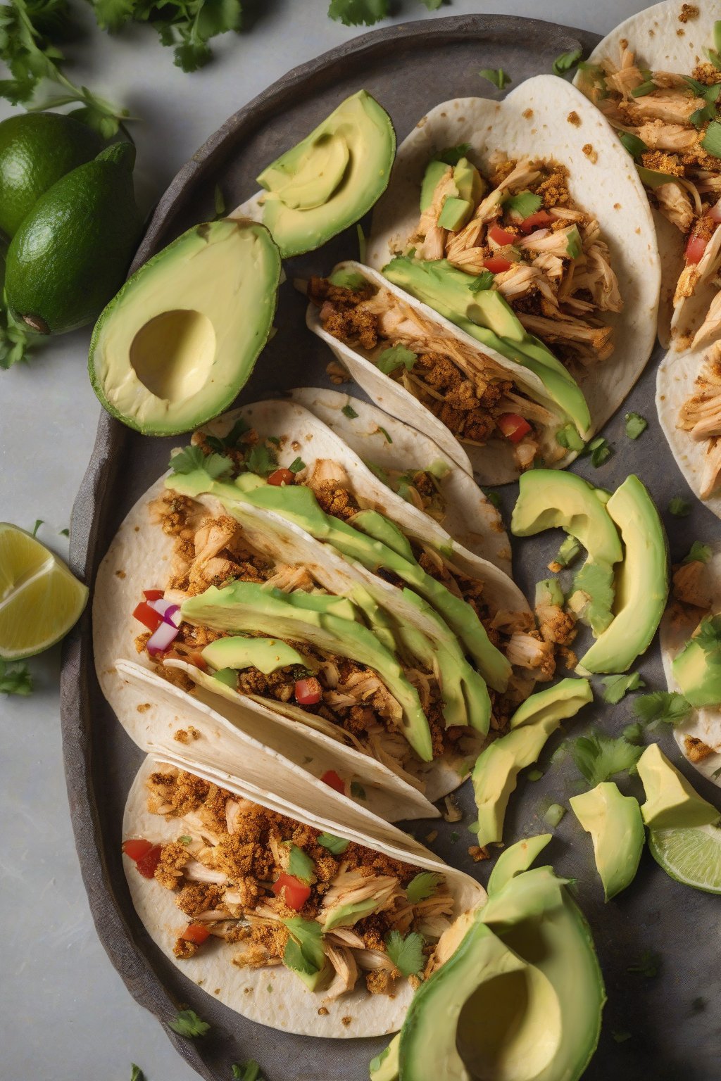 A high-resolution photo of lime-cilantro taco seasoning scattered on chicken tacos with avocado slices, under soft lighting.