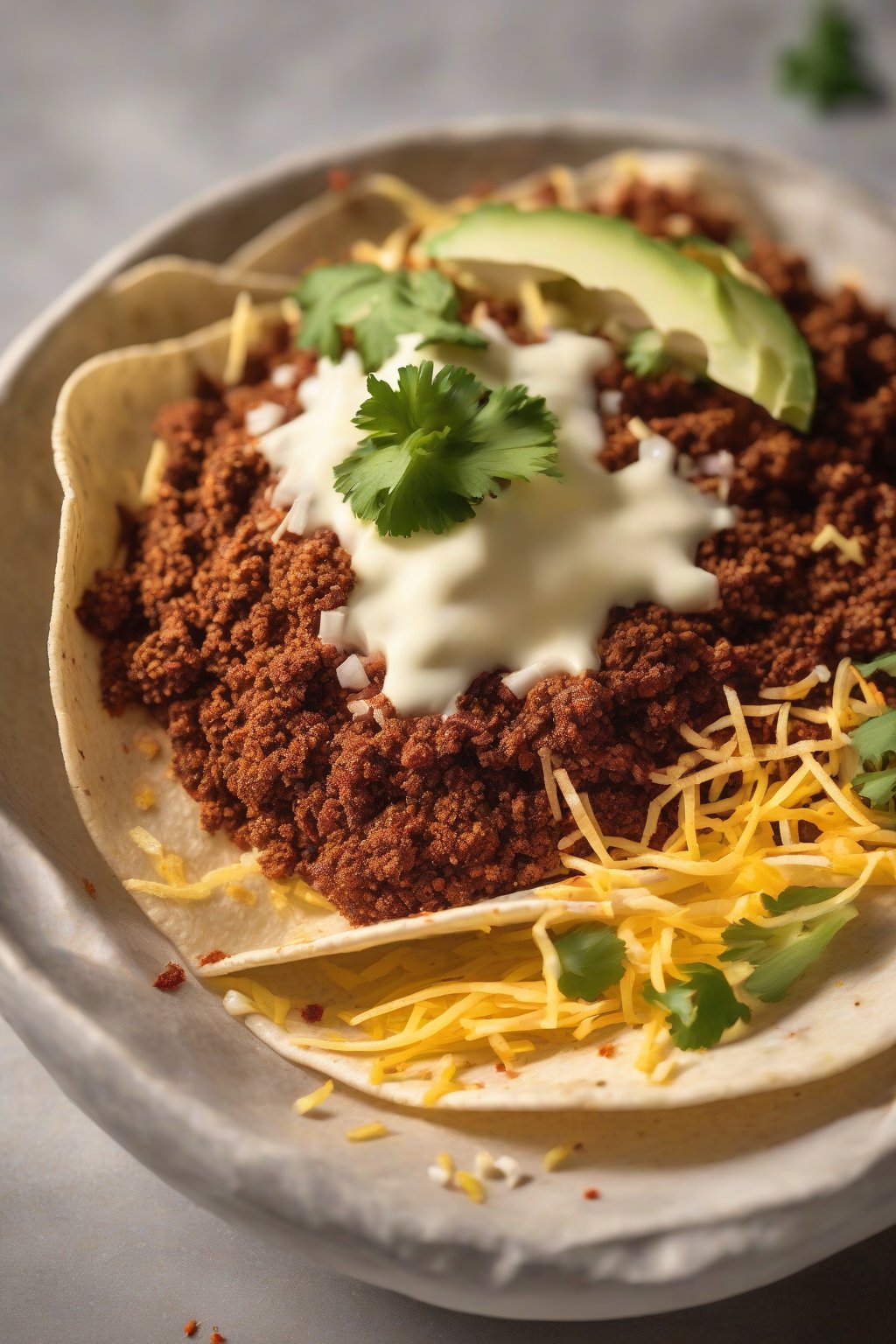 A high-resolution photo of garlic-heavy taco seasoning in a bowl, atop beef tacos with cheese, under soft lighting.