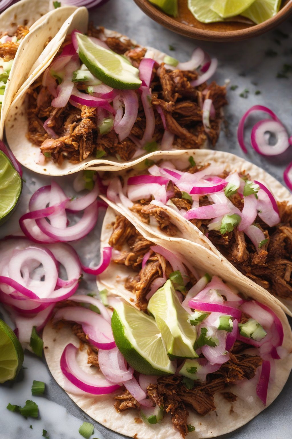 A high-resolution photo of sweet heat taco seasoning on pork carnitas tacos with pickled onions, under soft lighting.